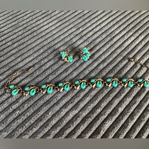 50’S CROWN TRIFARI TURQUOISE LUCITE Rhinestone NECKLACE & EARRINGS SET